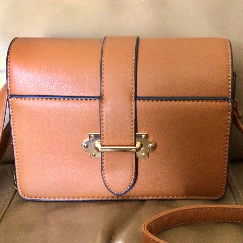 Buckle Decor Flap Brown Faux Leather Crossbody Square Bag